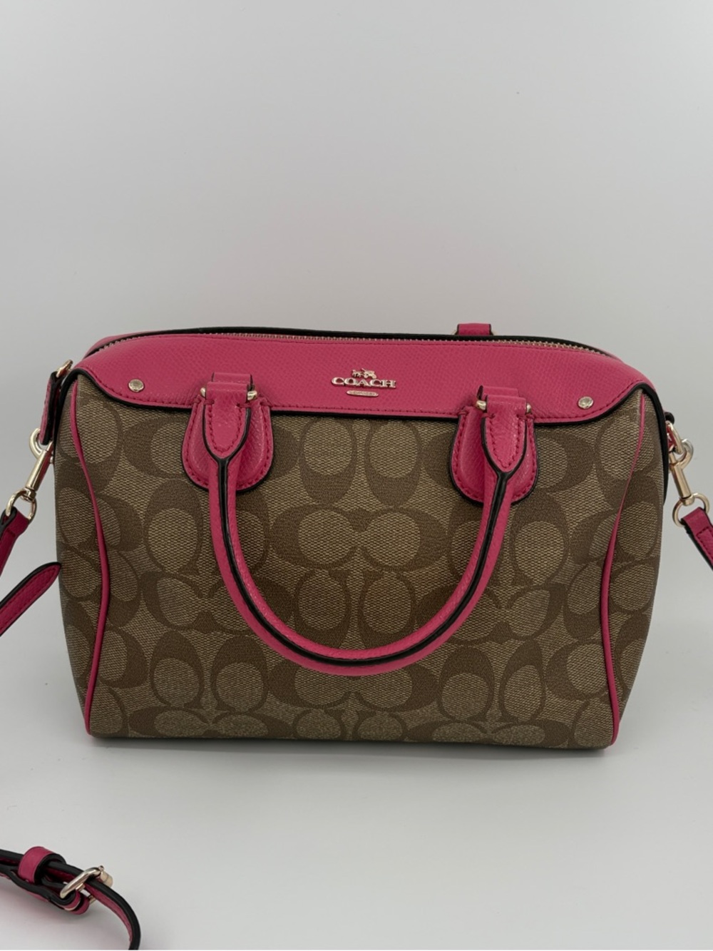 Coach Mini Bennett Brown Signature Satchel with Pink Trim and Gold Hardware